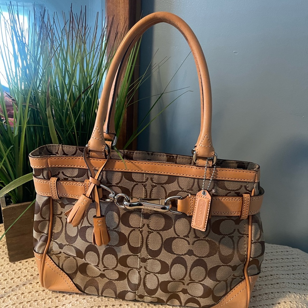Coach Brown and Tan Signature Tote Bag